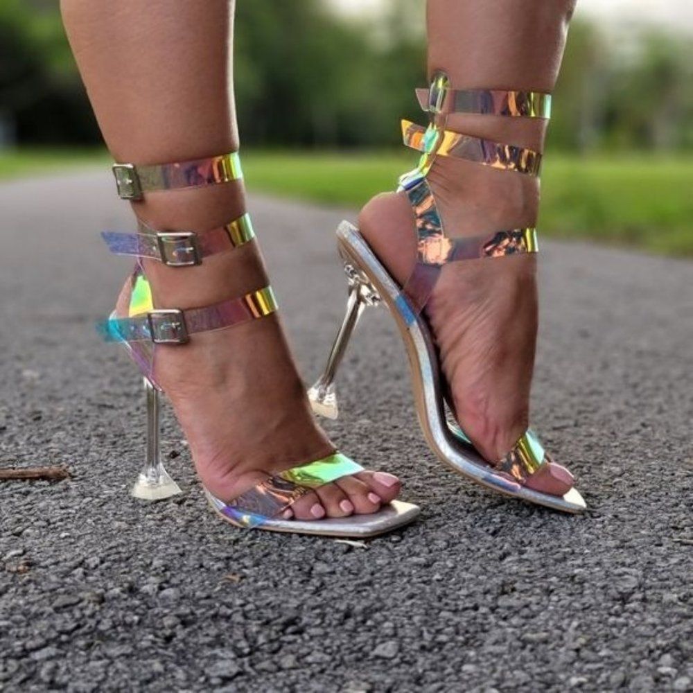 Women’s Strappy Hologram Sandal Pumps Open Toe Spool Heel